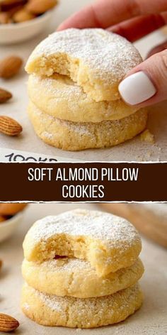 two pictures of almond cookies with the words soft almond pillow cookies on top and bottom