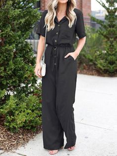 Solid Color Lapel Collar Button Short Sleeve Jumpsuit with Pocket Short Sleeve Jumpsuit, Pocket Jumpsuit, Solid Jumpsuit, Floral Print Jumpsuit, Long Romper, Short Sleeve Jumpsuits, Short Sleeve Romper, Jumpsuits And Romper, Sleeves Clothing