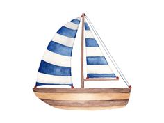 a watercolor painting of a sailboat with blue and white stripes