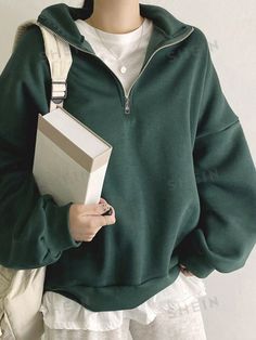 Green Half Zip Pullover Outfit, Cute Female Outfits, Vintage Sweatshirt Outfit, Dark Green Outfits, Dark Green Clothes, Zip Pullover Outfit, Half Zip Sweatshirt Outfit, Green Outfit Aesthetic, Bisexual Fashion