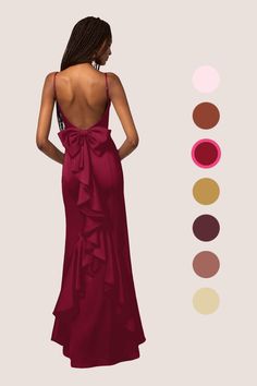 This stretch satin floor length dress features a straight neckline, adjustable spaghetti straps, a bow back, a ruffle design, and a mermaid skirt. Conformation Ideas, 1920 Theme, Wine Color Bridesmaid Dress, Formal Dance Dresses, Burgundy Bridesmaid Dress, Satin Mermaid Dress, Azazie Dresses, Snow Ball, Burgundy Bridesmaid