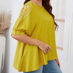 🌈3 Colors ✈️Free Shipping Abstract Crochet, Babydoll Shirt, Plus Size Blouse, Color Fabric, Lace Shirt, Women Plus Size, Plus Size Blouses, Textured Fabric, Short Sleeve Blouse