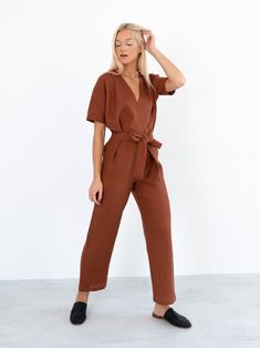 AURORA Linen Jumpsuit Women / Loose Linen Overalls / Linen | Etsy Chic Jumpsuits And Rompers With Belt For Workwear, Solid Belted Jumpsuits And Rompers For Fall, Fall Solid Color Belted Jumpsuits And Rompers, Casual V-neck Belted Jumpsuits And Rompers, Belted Short Sleeve Jumpsuits And Rompers For Work, Belted Short Sleeve Jumpsuits For Work, Short Sleeve Belted Jumpsuits And Rompers For Work, Short Sleeve Jumpsuits And Rompers For Workwear, Workwear Jumpsuits With Short Sleeves And Belt Loops