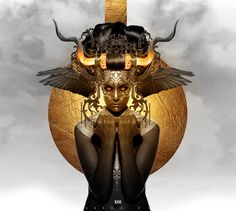 a woman with horns on her head and wings over her face, surrounded by clouds