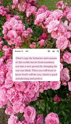 some pink flowers with a quote on the top and bottom right corner that says, don't copy the behavior and customs of this world but good reason