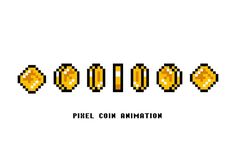 pixel coin animation on white background with black and yellow circles in the bottom right corner