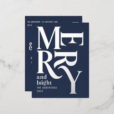 a blue and white wedding card with the word mr and mrs printed on it in bold font