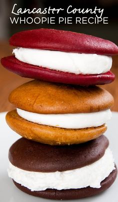 a stack of three cookies sitting on top of each other with the words lancaster county whoopie pie recipe