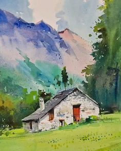 a watercolor painting of a house in the mountains with trees and grass around it