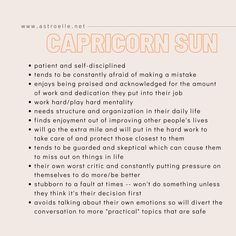 the words capricorn sun written in orange and white on a light pink background