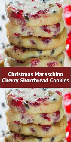 christmas maraschino cherry shortbread cookies stacked on top of each other with the words,