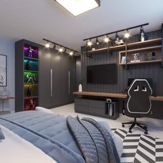 a bedroom with a bed, desk and shelves in the corner that have lights on them