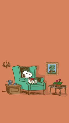 a cartoon dog is sitting on a couch in a living room with an orange wall