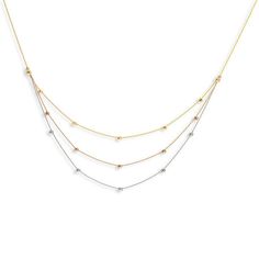 Take your look to the next level with this eye-catching station necklace. Crafted in 14K tri-toned gold, this daring triple-strand choice showcases shimmering diamond-cut beads in yellow, rose and white gold stationed along coordinating lengths of bead chain. Buffed to a brilliant luster, this necklace measures 17.0 inches at the longest length and secures with a spring-ring clasp. Bead Chain, Station Necklace, Strand Necklace, Yellow Rose, Diamond Cut, Beaded Chain, Necklace Designs, Spring Rings, Next Level