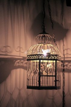 a birdcage hanging from a chain with a light on it