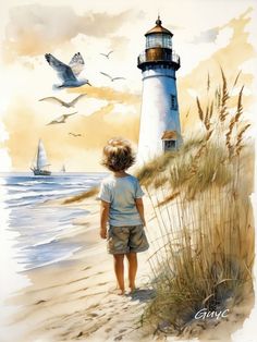 a painting of a little boy looking at the lighthouse