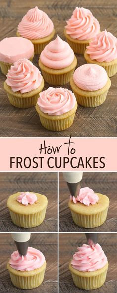 how to frost cupcakes with pink icing and piping on the top