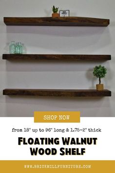 live edge floating shelves with text overlay that reads shop now