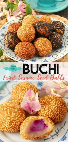 two pictures with different types of food on them and the words, buch fried sesame seed balls