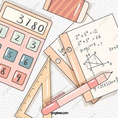 a calculator, ruler, and pencil on top of some paper with numbers