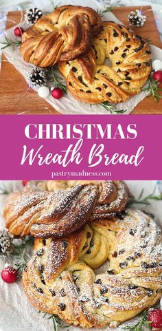 christmas wreath bread with cranberries and powdered sugar on top, sitting on a table