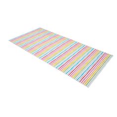 a multicolored striped rug on a white background with no one in it's image