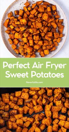 sweet potatoes on a plate with the words perfect air fryer sweet potatoes above them