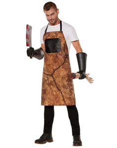 a man wearing an apron and holding a knife