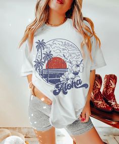 Aloha Tee, Hawaii Graphic Tee, Aloha Hawaii T-shirt, Boho Tee, Vintage Inspired Cotton T-shirt, Unisex Tee, Comfort Colors Tee - Etsy Hawaiian Style Top With Sublimation Print And Relaxed Fit, White Hawaiian Top With Sublimation Print, Relaxed Fit Hawaiian Cotton T-shirt, Relaxed Fit T-shirt With Sublimation Print For Vacation, Hawaiian T-shirt With Screen Print, Hawaiian Short Sleeve Graphic Print T-shirt, Hawaiian Style Short Sleeve Graphic T-shirt, Hawaiian Short Sleeve T-shirt With Graphic Print, Cotton Hawaiian T-shirt With Crew Neck