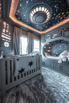 a star wars themed nursery room with a bed, crib, and stars on the ceiling