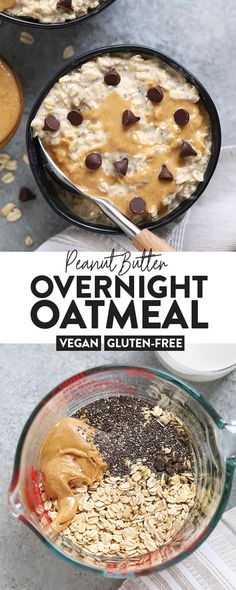 overnight oatmeal with peanut butter and chocolate chips in a glass casserole dish