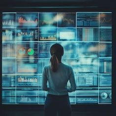 a woman standing in front of a large screen with data on it's walls