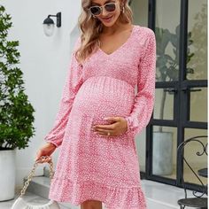 This Midi Maternity Dress, Super Soft, Stretchy, Comfortable, Skin-Friendly, Breathable, High-Quality. The Womens Dresses Provide Plenty Of Room For Your Growing Pregnant Belly. Suitable For All Stages Of Pregnancy, And Pink Long Sleeve Mini Dress With Ruffle Hem, Pink Flowy Midi Dress With Ruffle Hem, Flowy Pink Midi Dress With Ruffle Hem, Pink Non-stretch Dress For Brunch, Feminine Pink V-neck Maternity Dress, Pink V-neck Maternity Dress For Maternity Wear, Non-stretch Pink Midi Dress For Vacation, Pink Non-stretch Midi Dress For Vacation, Casual Long Sleeve Maternity Dress