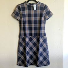 New With Tags! Navy Plaid Wool Dress With Silk Lining By Brooks Brothers Size 2 Make Me An Offer! Fitted Blue Plaid Casual Dress, Fitted Midi-length Plaid Dress For Work, Blue Short Sleeve Dress For Fall, Navy Short Sleeve Mini Dress For Work, Navy Short Sleeve Work Dress, Navy Short Sleeve Lined Dress, Cottage Dress, Velvet Sheath Dress, Anchor Shirts