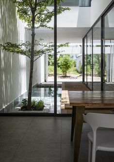 the dining table is in front of an open glass wall with trees growing out of it