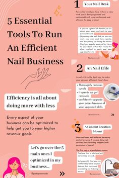 Today we will be talking about what those efficient tools and systems can be in your business so that your business runs like a well-oiled machine getting you to your higher revenue goals with less effort. As we go through the 5 tools, I want you to really hone in on the thought of decluttering your physical space and your mind. Cluttered spaces create cluttered minds, and that creates inefficient decisions that end up costing you real dinero. Click the link to read more about this topic. Nail Tech Business Plan, Nail Studio Ideas Small Spaces, Nail Salon Equipment, Dream Salon, Beauty Room Salon, Tech Ideas, Nail Business, Natural Nail Care