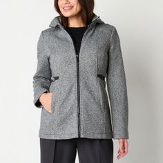 This Liz Claiborne women's fleece jacket is a versatile and stylish addition to your wardrobe for the cooler months. It offers midweight warmth, a flattering classic-fit, long sleeves, a hood, two side slip pockets, and a full-zip front. Wear it with tailored trousers or jeans. Features: HoodedClosure Type: ZipperFit: Classic FitPockets: 2 Side Slip PocketsSleeve Length: Long SleeveWarmth Factor: MidweightApparel Length: 28.5 Inches - BackOuterwear Length: MidFiber Content: 60% Cotton, 40% Polye Gray Fleece Outerwear With Double-lined Hood, Fleece Outerwear For Fall Workwear, Fleece Outerwear For Work In Fall, Fleece Outerwear For Fall, Fitted Fleece Winter Outerwear, Fitted Fleece Outerwear With Fleece Lining, Fitted Hooded Fleece Outerwear, Fleece Jackets, Fleece Jacket Womens