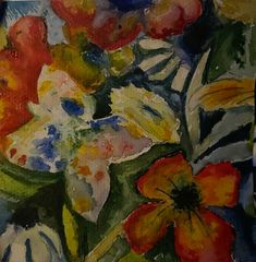 a painting of flowers in a vase on a table