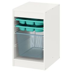 a white cabinet filled with lots of green bowls and plastic containers on top of it