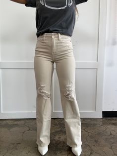 Step up your denim game with More To Come High Waist Distressed Wide Leg Jeans. With a flattering high waisted fit, these bone colored jeans feature a distressed design for a touch of edge. Zip fly closure, functional pockets, and belt loops add convenience to the stylish wide leg silhouette. Made with soft and comfortable material, these jeans are perfect for any casual or dressy occasion. More to come indeed! DETAILS Brand: Judy Blue Bone wide leg jeans High waisted fit Distressed design Zip f Distressed Wide Leg Jeans, Bone Color, More To Come, Colored Jeans, Wide Leg Jeans, Stretchy Material, High Waist Jeans, Step Up, Leg Jeans