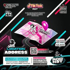 the flyer for an event with neon colors and black, white, and pink graphics