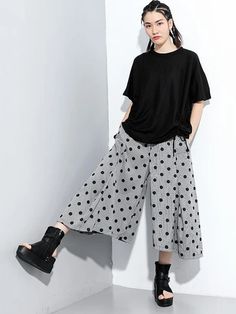 Original Polka-Dot Wide Leg Pants - rrdeye Spring Polka Dot Cotton Pants, Casual Polka Dot Wide Leg Pants, Summer Stretch Polka Dot Bottoms, Casual Wide Leg Polka Dot Pants, Casual Wide-leg Polka Dot Pants, Spring Polka Dot Bottoms With Pockets, Spring Polka Dot Trousers, Polka Dot Trousers For Spring, Polka Dot Summer Bottoms With Pockets