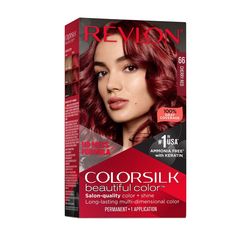 Packaging may vary No mess, non-drip formula for easy to use at-home color application. ColorSilk Beautiful Color™ is the #1 hair color in the USA*. The ammonia-free hair color delivers 100% gray coverage and salon-quality color and shine. Achieve rich, long lasting hair color at home! Hair is left silky, shiny, healthy and in better condition than before you colored it after each box. Revlon’s 3D Color Gel Technology™ delivers natural looking, multi-tonal color from root to tip providing defini Cherry Red Hair Dye, Revlon Hair Dye, Permanent Red Hair Dye, Cherry Red Hair Color, Beautiful Hair Dye, Long Lasting Hair Color, Ammonia Free Hair Color, How To Dye Hair At Home, Revlon Colorsilk