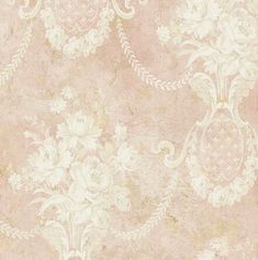 an old fashioned wallpaper with white flowers and leaves on pink background, in shades of beige