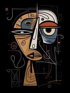 an abstract painting with lines and shapes in the shape of a woman's face