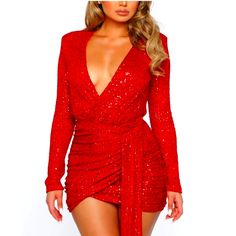 Nwt Fashion Nova, Center Stage Sequin Mini Dress, Red, Women's Size Xl, Nwt Red V-neck Mini Dress For Holiday, Red V-neck Mini Dress For Party Season, Christmas Long Sleeve Mini Dress For Date Night, Red Long Sleeve Mini Party Dress, Christmas V-neck Mini Dress For Date Night, Red Long Sleeve Mini Dress For Cocktail, Red Long Sleeve Mini Dress For Party Season, Red Mini Dress For Winter Night Out, Red Mini Dress For Night Out In Winter