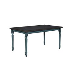 the table is made from wood and has two legs on each side, with a black top