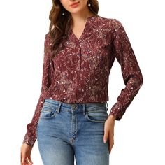 This floral-printed blouse will see you through the season in style. Floral prints and the boy's silhouette go into your wardrobe with this shirt which is softened with long sleeves and a floaty shape. In a pretty floral print, this long-sleeve blouse provides an option that could be dressed smartly for work or made casual for the weekend. With a button front and a classic collar, this blouse could be paired with your jeans or tucked into wide-leg culottes for a versatile look. Floral Chiffon Top, Chiffon Floral, Cowl Neck Long Sleeve, Popular Color, Floral Chiffon, Blouse Shirt, Womens Clothing Sizes, Floral Blouse, Long Sleeve Casual