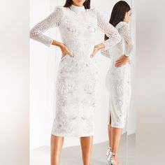 Size Us 8 Elegant Embellished Dresses For Events, White Long Sleeve Glamorous Dress, Glamorous Fitted Dress For Events, Glamorous White Long Sleeve Dress, White Knee-length Midi Dress For Cocktail, White Embellished Long Sleeve Dress, Glamorous Sheath Midi Dress For Wedding, Elegant Long Sleeve Event Dress, Spring Embellished Dress For Events