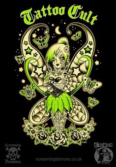 a tattoo girl with green hair and tattoos on her body is surrounded by butterflies, moths and stars